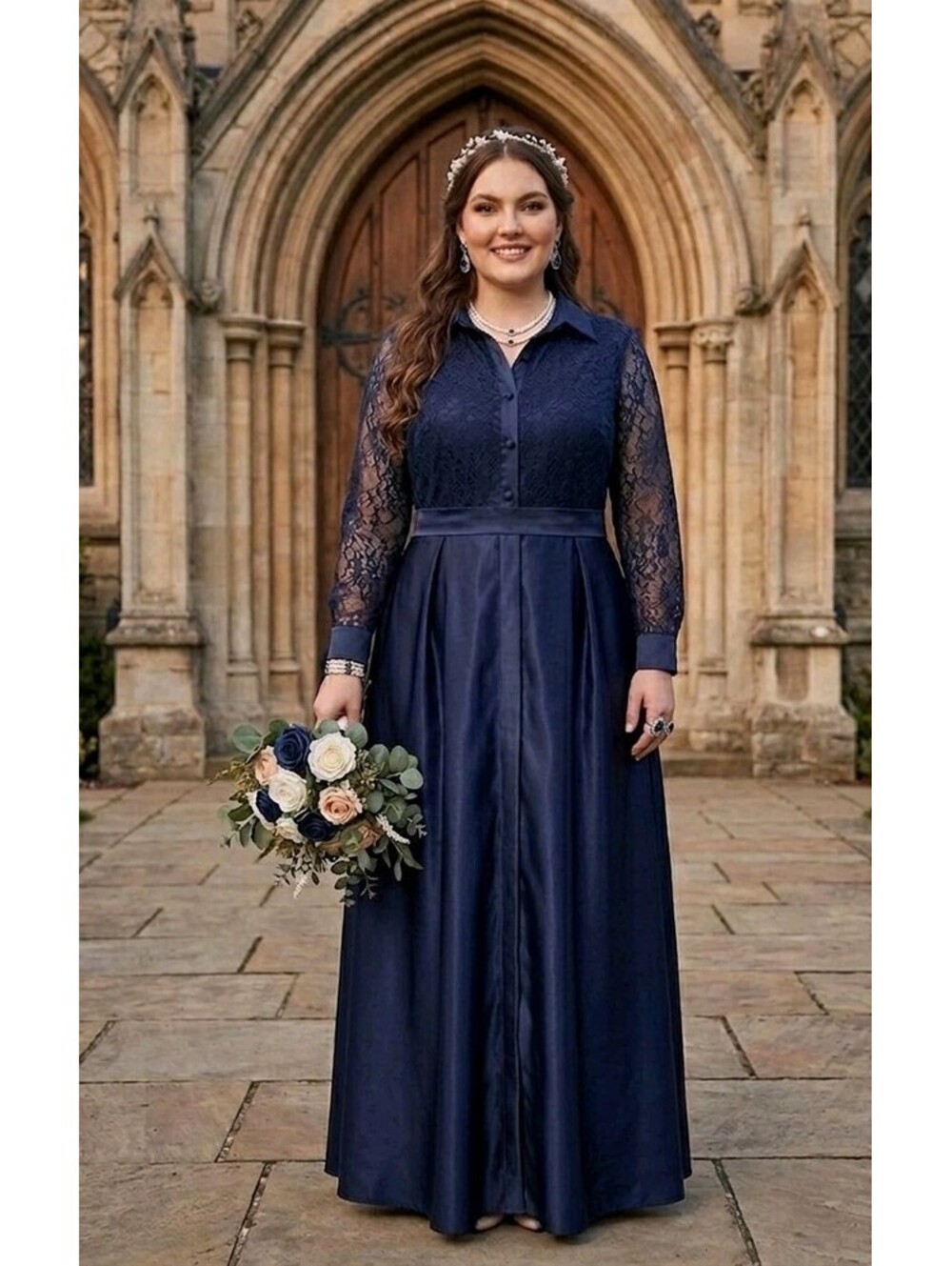 Navy Blue Lace SatinFloor Length Formal Gown Mother of the Bride Dress 3X